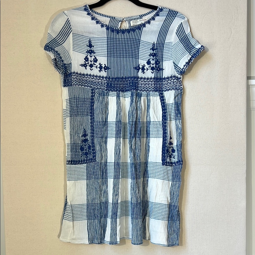 Zara Girls Blue and White Embroidered Dress
